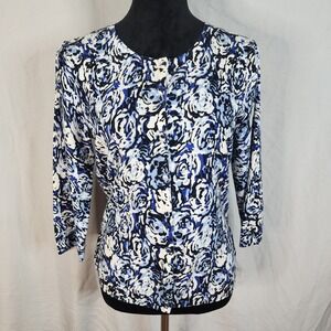 NOTATIONS Size Medium Cotton Blend Floral Rose Print Button Up Cardigan Sweater